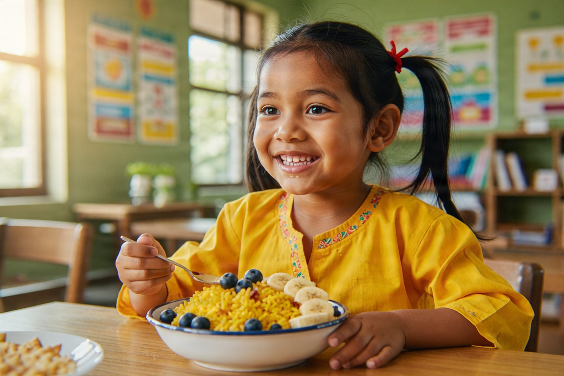 A young child engaged in early learning and nutrition, showing growth and opportunity.