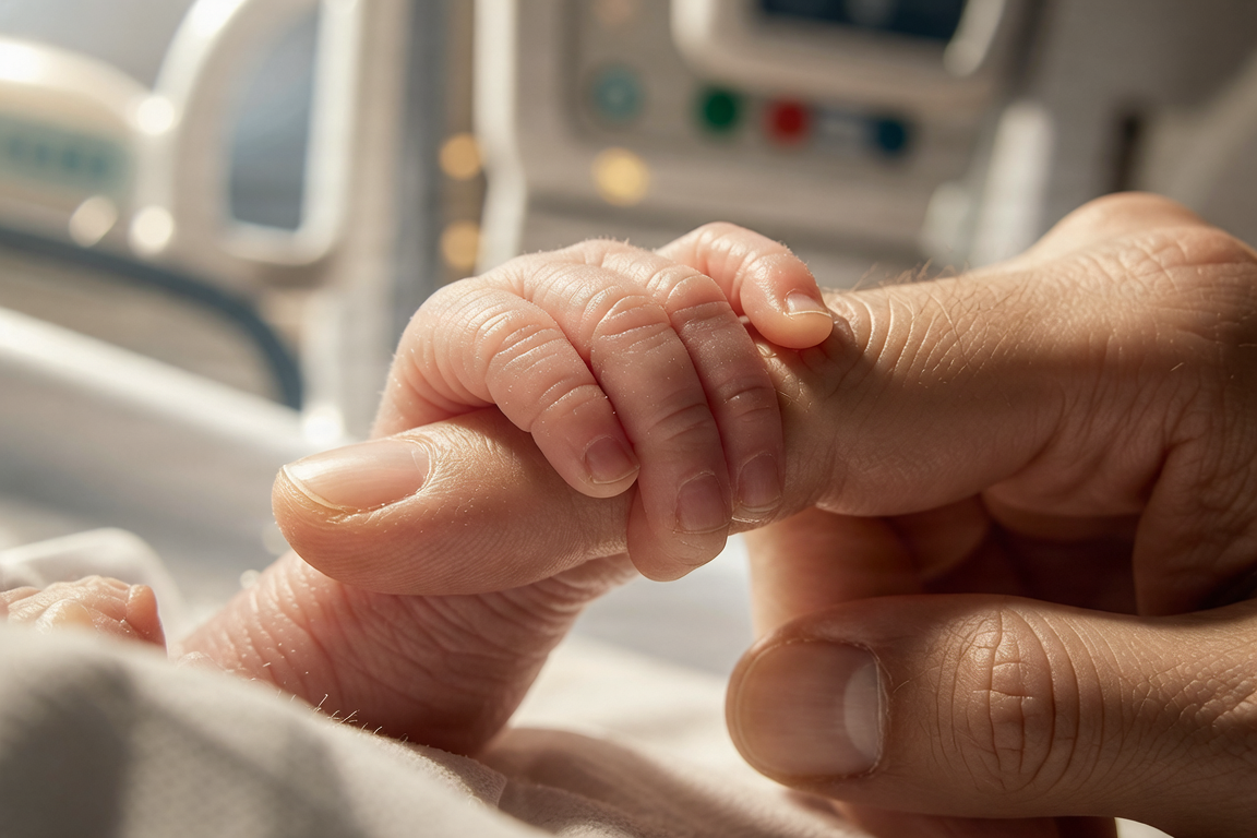 A tiny newborn baby's hand holding an adult's finger in a hospital setting.