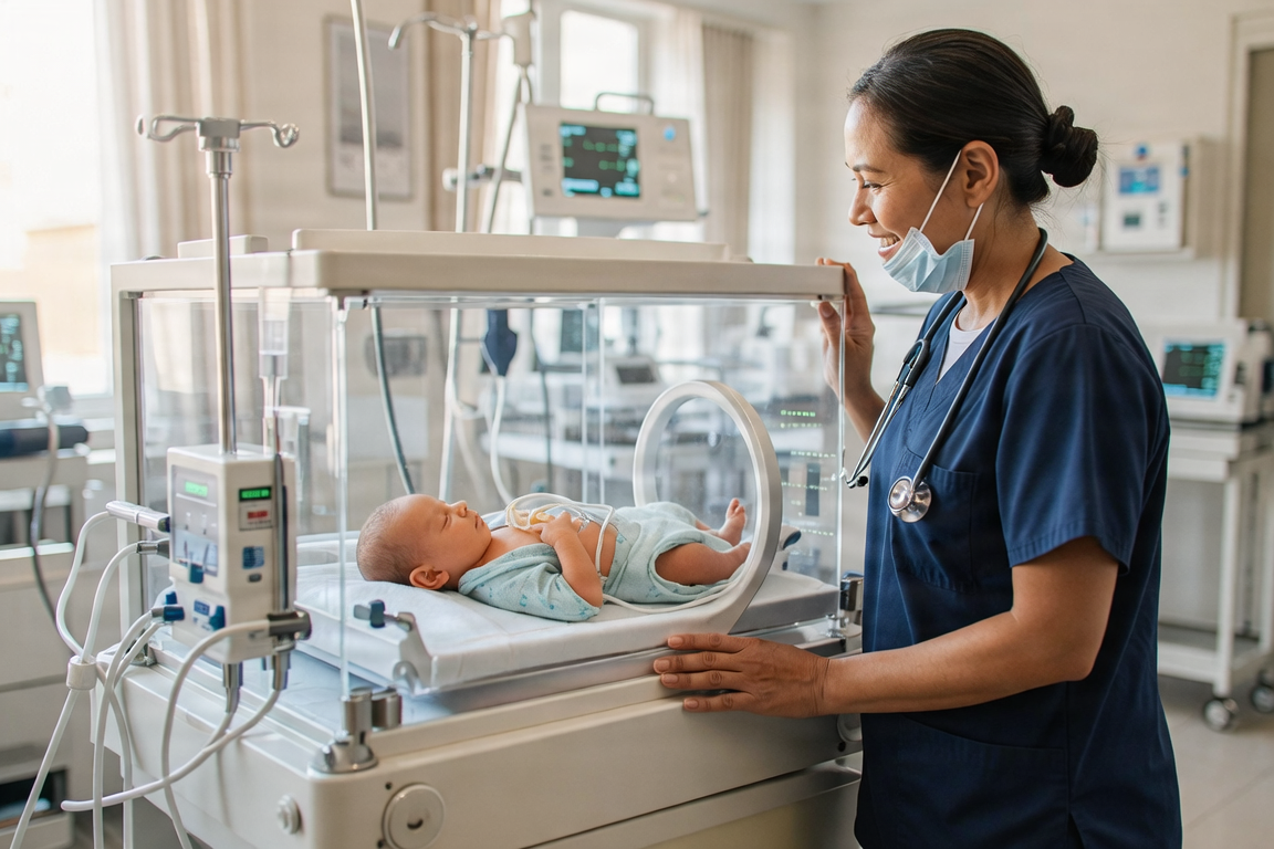 Medical staff caring for a premature baby in a NICU incubator.