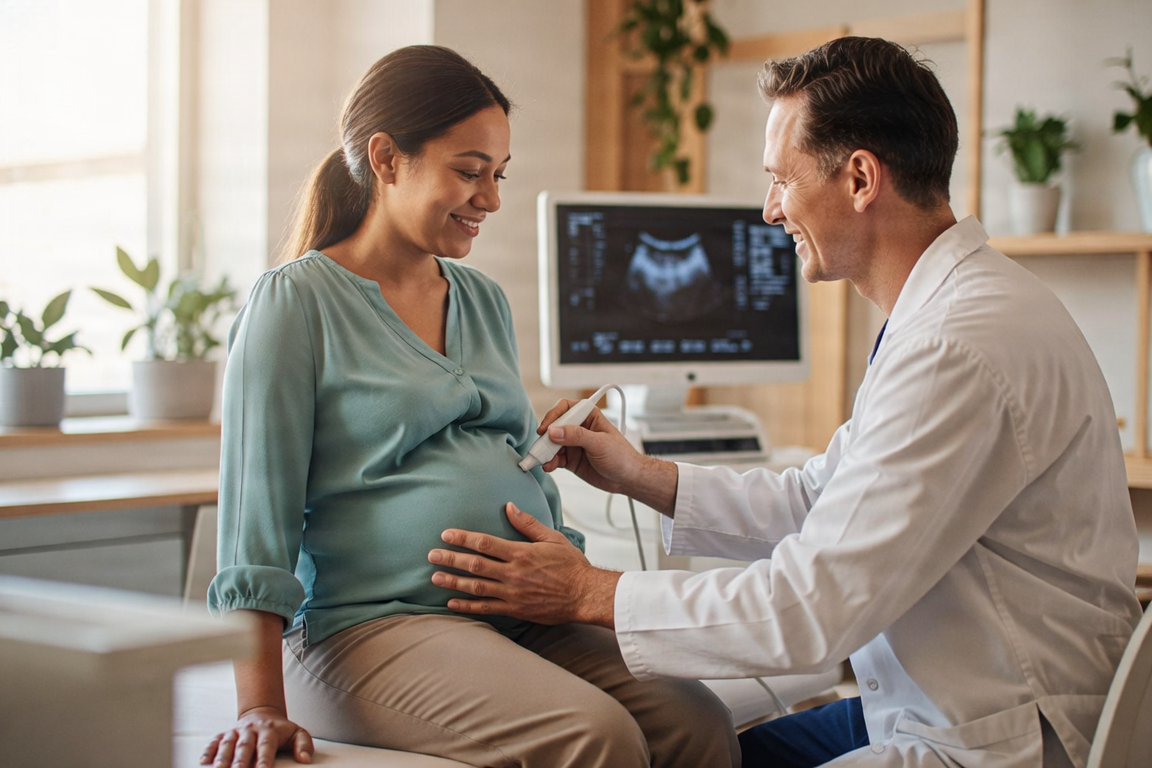 A pregnant woman receiving prenatal care from a healthcare professional.
