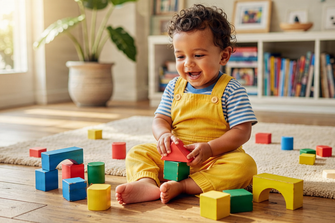A toddler playing with colorful educational toys, representing early childhood development.