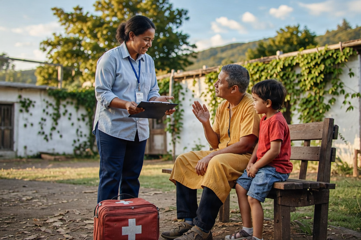 Community health workers visiting a family in a rural setting.