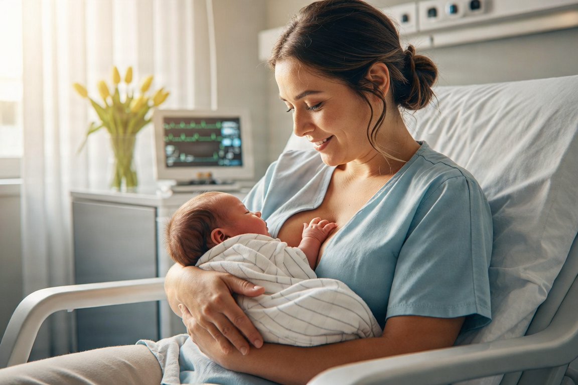 A mother breastfeeding her newborn baby, a success story of neonatal care.